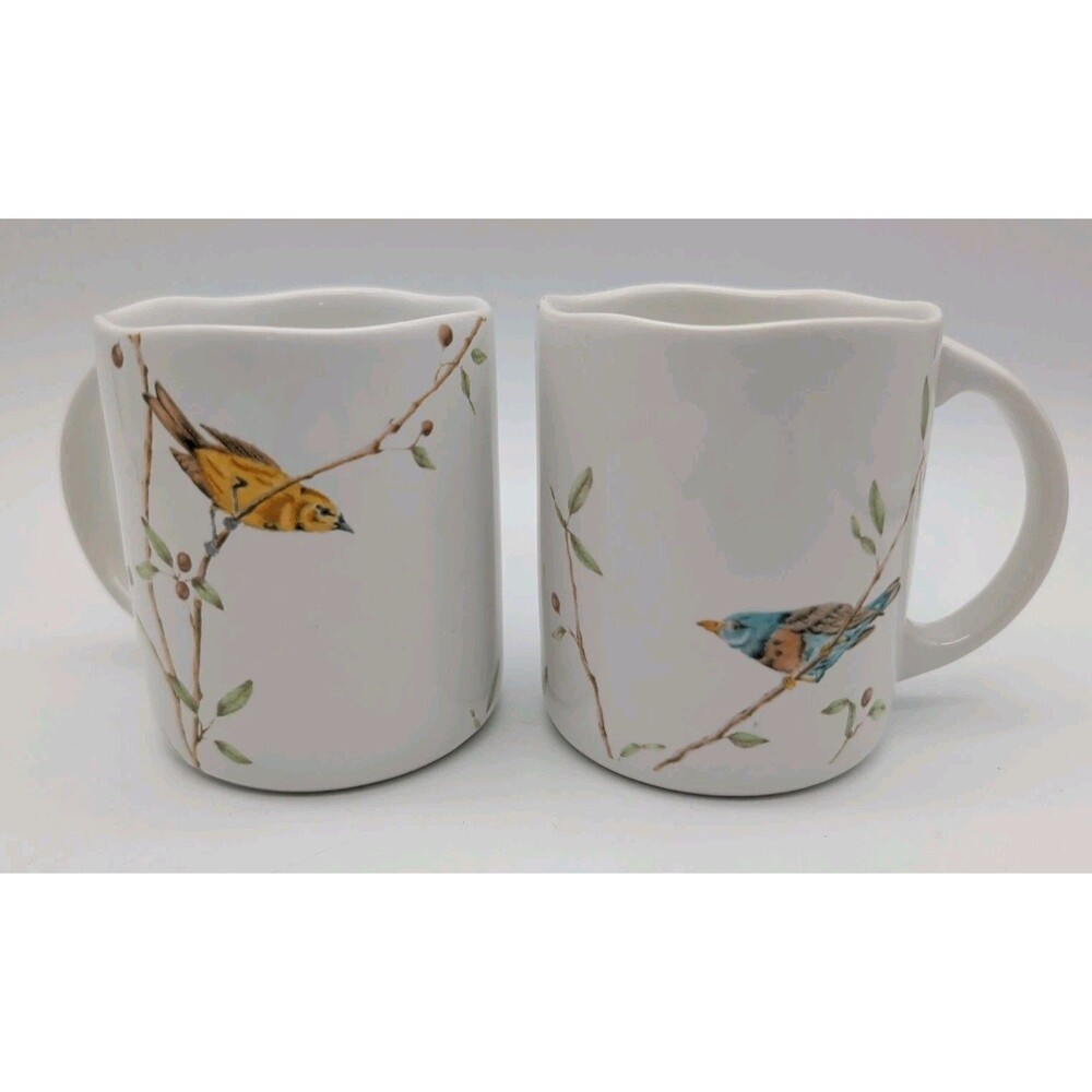 222 Fifth Early Bird Scalloped Edge Porcelain Coffee Tea Mug Cup Set Of 2